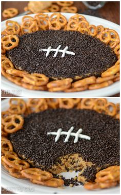 two pictures of a football cake with pretzels on it and the top one is made out of black rice