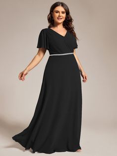 Plus Size Pleated A-Line Shiny Belt Chiffon Formal Evening Dress #color_Black Chiffon Formal Dress, Formal Evening Dress, Chiffon Evening Dresses, Ever Pretty, Black Evening Dresses, Evening Dresses Elegant, Formal Evening Dresses, Evening Attire, Lining Fabric