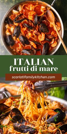 pasta with mussels and sauce is being served in a pan on the table