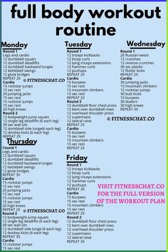 the full body workout routine is shown in blue and green, with pink lettering on it