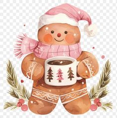 a watercolor painting of a teddy bear holding a cup of coffee with christmas decorations around it