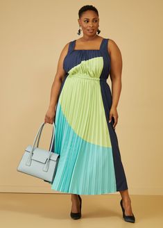 Plus Size A Line Maxi Dress Plus Size Spring Dress Pleated Dress Spring Color Block Maxi Dress, Blue Sleeveless Color Block Maxi Dress, Green Maxi Dress With Pleated Waist, Chic Color Block Midi Maxi Dress, Chic Midi-length Color Block Maxi Dress, Spring Dress Plus Size, Summer Dresses Plus Size, Dress Plus Size Summer, Plus Size Spring Dresses