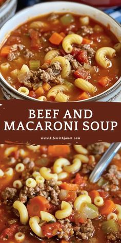 beef and macaroni soup in a white bowl