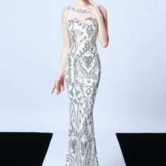 Silver Tight Floral Sequin Long Evening Dress (Stunning) Silver Sleeveless Dress For Banquet, Silver Evening Dress For Prom Season Party, Silver Sleeveless Evening Dress For Banquet, Sleeveless Silver Evening Dress For Banquet, Silver Sleeveless Evening Dress, Silver Gown For Prom Banquet, Silver Gown For Prom Season Banquet, Silver Gown For Prom Season Banquets, Silver Gown For Banquet During Prom Season