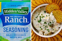 a box of ranch dip next to a bowl of crackers