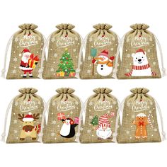 PRICES MAY VARY. 【DELICATE CHRISTMAS DESIGN】: FLOE Christmas Burlap Gift bags with drawstring are printed with 8 cute and vivid Christmas classic elements, namely Santa Claus, Christmas tree, Snowman, Bear, Elk, Penguin, Gnome, Gingerbread Man, all together with Merry Christmas text, enhancing joyful Christmas festival vibe and bringing you an unforgettable holiday. You will receive 36 pieces of FLOE Burlap Christmas Drawstring Bags Reusable Linen Treat Bags in total in 8 different creative patt Fabric Snack Bags, Tree Favors, Christmas Burlap, Linen Bags, Christmas Candy Bag, Rough Linen, Burlap Gift Bags, Small Christmas Tree, Retail Bags