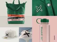 the collage shows several different items including a water bottle, tote bag and hat