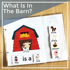 what is in the barn? book with matching cards and magnets for kids to use