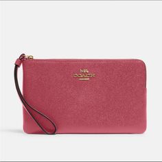 Coach Classic Corner Zip Wristlet Rouge & Gold Nwt Crossgrain Leather Two Credit Card Slots Zip-Top Closure, Fabric Lining Wrist Strap Attached 6 1/4" (L) X 4" (H) X 1/2" (W) Style No. 58032 Nike Gear, Large Clutch, Bags Coach, Coach Outlet, Blush And Gold, Coach Wristlet, French Brands, Wristlet Wallet, Leather Wristlet