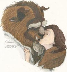 a drawing of a woman kissing a lion on the nose with another animal behind her