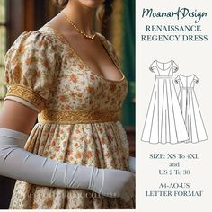 Our product is as follows: Bridgerton ballgown prom medieval maxi dress PDF pattern,jane austen fairy renaissance dress pattern, bishop short sleeves, wide scoop-neck full-circle long skirt dress. https://moanartdesign.etsy.com  The amount of fabric required for the model is 8 meters.  You will need  hidden zipper for the middle back. Our model is suitable for all woven fabrics.  There is a seam allowance in our pattern. **US Sizes: 2, 4, 6, 8, 10, 12, 14, 16, 18, 20, 22, 24, 26, 28, 30 **Standa Jane Austen Costume Diy, Regency Inspired Fashion, Elvish Dress, Regency Dress Pattern, Jane Austen Inspired, Dress Pdf Pattern, Regency Dress, Letter Format, Couture Mode