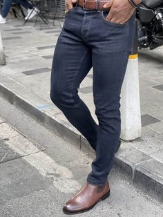 Slim Denim Blue Pants With Five Pockets, Business Casual Trousers Jeans With Five Pockets, Mens Business Casual, Slim Fit Pants Men, Mens Business Casual Outfits, Brown Chelsea Boots, Adidas Outfit, Jeans Material, Business Casual Men