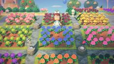 an animal crossing game with many flowers and plants in the foreground, some butterflies flying around