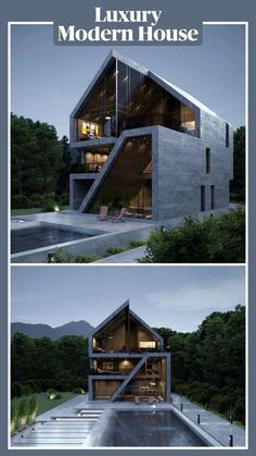 two photographs of a modern house in the middle of trees and water, with text overlaying it that reads luxury modern house