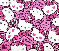 a bunch of hello kitty wallpaper in pink and white with hearts on it's side