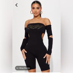 Nwt Never Worn Fashion Nova Romper Glamorous Black Stretch Bodysuit, Glamorous Fitted Black Bodysuit, Trendy Black Bodysuit For Night Out, Glamorous Black Summer Bodysuit, Trendy Black Jumpsuits And Rompers For Night Out, Trendy Black Jumpsuits For Night Out, Fashion Nova Romper, Lace Up T Shirt, Fashion Nova Pants