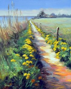 an oil painting of a path leading to the ocean with wildflowers on either side