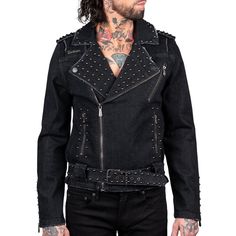 Wrathchild Jacket Edgy Biker Jacket With Zipper Closure For Concerts, Edgy Biker Jacket With Zipper For Concert, Biker Style Jacket With Zipper For Concerts, Edgy Denim Outerwear For Alternative Fashion, Biker Outerwear With Rivets For Alternative Fashion, Fall Punk Style Denim Jacket With Rivets, Studded Biker Jacket For Alternative Fashion, Alternative Outerwear With Rivets For Biker Events, Edgy Denim Outerwear With Rivets