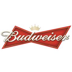 the budweiser logo is shown in red and gold with a crown on top