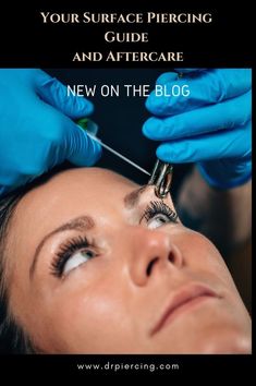 a woman getting her eyebrows done by a professional hair stylist with the words your surface piercing guide and aftercare new on the blog