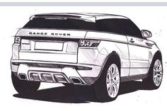 a drawing of a range rover parked on the side of the road with its hood up