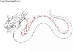 a drawing of a dragon with red lines on it's body and head, the tail