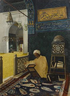 a painting of a man sitting in front of a rug and looking at something on the ground