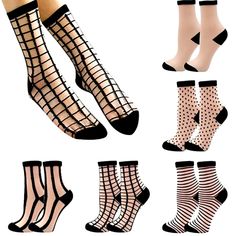 5 Pack Black And White Mesh Transparent Socks With Different Dots Stripes And Grid Patterns Soft And Comfortable * 50% Nylon & 50% Cotton * Foot Length 8-10” *Top To Heel: 4” Black Knee-high Nylon Socks, Black Party Socks For Spring, Black Spring Party Socks, Stretch Black Stockings For Summer, Black Stretch Stockings For Summer, Black Mesh Socks For Summer, Black Mesh Socks For Spring, Black Mesh Hosiery For Summer, Spring Black Mesh Socks