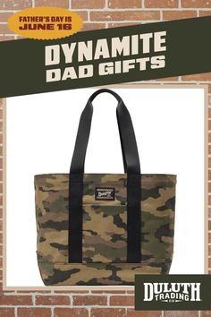 a camo bag with the words dynamite dad gifts on it and an image of a brick