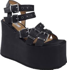 Edgy Open Toe Platform Wedge Sandals, Platform Open Toe Sandals For Concerts, Edgy Platform Sandals With Wedge Heel, Edgy Platform Wedge Heels, Edgy High Heel Platform Wedge Sandals, Edgy Leather Platform Wedge Sandals, Edgy Platform Sandals With Ankle Strap, Strapped Heels With Buckle Closure, Edgy Closed Toe Platform Sandals