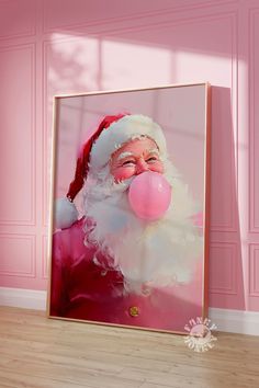 a santa clause blowing bubble gum in front of a pink wall with wooden flooring