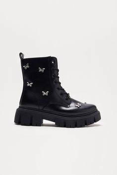 Available In Black. Combat Boots Butterfly Stud Detail Round Toe 1.5" Low Block Heel Imported | Beau Butterfly Combat Boots in Black size 7 by Fashion Nova Black Combat Boots, Low Block Heels, Black Boots, Combat Boots, Black Fashion, Block Heels, Fashion Nova, Bootie Boots, Shoe Boots