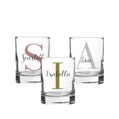 three personalized shot glasses with the letter s on them