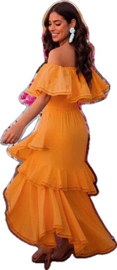 Orange Ruffled Midi Dress, Orange Ruffled Midi Dress For Brunch, Orange Midi-length Dress With Ruffles, Orange Midi Dress With Ruffles, Orange Ruffled Midi Dress For Vacation, Fitted Orange Maxi Dress With Ruffles, Orange Bohemian Dresses With Ruffles, Orange Ruffled Midi Dress For The Beach, Bohemian Orange Mini Dress With Ruffles