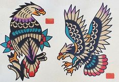 two colorful birds on white paper with red and blue squares