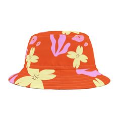 The combination of vibrant yellow, pink and orange creates a visually appealing contrast that stands out without overwhelming your outfit. The shell and flower pattern adds an exotic touch that's perfect for those who love to stand out. Ideal for sun protection or just adding a pop of personality to your outfit, the bucket hat shape is both practical and fashionable. Whether you're heading to the beach, a festival, or a casual day out, this hat has you covered. .: Material: 100% polyester .: Sewn-in label .: Made in USA Multicolor Bucket Hat For Spring Vacation, Casual Orange Sun Hat For Vacation, Orange Summer Sun Hat For Vacation, Orange Summer Hat For Beach Season, Pink Bucket Hat For Beach Season, Colorful Sun Hat With Curved Brim For Summer, Colorful Summer Vacation Sun Hat, Pink Curved Brim Bucket Hat For Beach Season, Colorful Spring Hats For Vacation