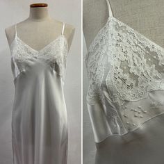 Nightgown, slip dress, 1950s/60s. In silk with handmade embroidery and lace inserts. White, in satin cut on the bias therefore easily adaptable to multiple body types. Fits approximately size L Excellent vintage condition. No obvious defects to report Check the measurements carefully (measurements taken flat) Breast 48 cm inches 18.89 Waist 47cm inches 18.50 Total length: 114 inches 44.88 cm Length without straps: 95 inches 37.40 cm *All items in our collection are authentic and unique. They hav Lace Nightgown With Bias Cut For Evening, Lace Bias Cut Nightgown For Evening, Bias Cut Lace Nightgown For Evening, Silk Nightgown For Summer Wedding, Summer Wedding Nightgown Bias Cut, Vintage Lace Trim Slip Dress For Wedding, Silk Slip Dress With Lace Trim For Wedding, Vintage Camisole Slip Dress For Wedding, Lace Camisole Slip Dress Bias Cut