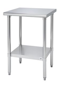 a stainless steel table with one shelf on the bottom and two legs at the base