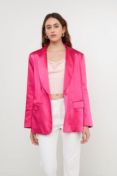 Elevate your style and step up your game with this blazer. With its sleek and shiny satin finish, this blazer is perfect for making a statement. It features a shawl collar, single button closure and welt pockets with flap. Plus, it's machine-washable so you can keep it looking fresh all year long. Whether you're dressing up for a formal event or just want to add a touch of sophistication to your everyday look, this blazer is the perfect choice. Shawl collar Single button closure Welt pockets wit Tailored Satin Blazer For Semi-formal Occasions, Sleek Single Button Evening Outerwear, Single Breasted Satin Outerwear With Suit Collar, Single-breasted Satin Outerwear With Suit Collar, Satin Outerwear With Notch Lapel And Hidden Button Closure, Fall Satin Notch Lapel Outerwear, Fall Satin Single Breasted Outerwear, Fall Satin Outerwear With Notch Lapel, Fall Satin Single-breasted Outerwear