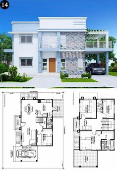 two story house plans with garage and living room in the front, one bedroom on the second