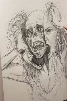 a pencil drawing of two people with their faces covered in makeup and one is holding a knife