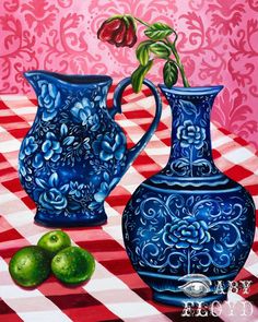 a painting of two blue vases on a checkered tablecloth