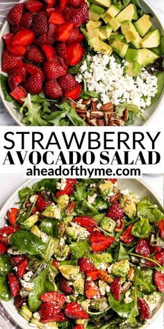 strawberry avocado salad with spinach, strawberries and feta cheese on top