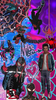 a man standing in front of a wall covered with spider - man sticker art