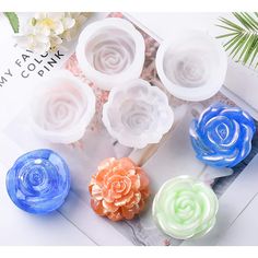 four different colored flowers on top of each other in front of a white flower pot