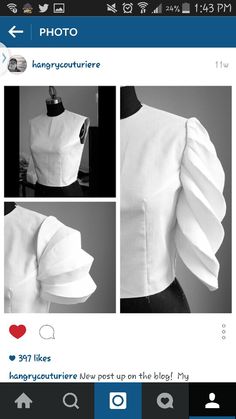 a white blouse with ruffles on the shoulders and sleeves, in black and white