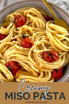 Spaghetti pasta with cherry tomatoes in a gray bowl with a fork. Miso Cream Pasta, Pasta With Miso Cream Sauce, Garlic Miso Noodles, 5 Ingredient Creamy Miso Pasta, Creamy Miso Mushroom Pasta, Chilli Pasta, Miso Recipe, Tomato Butter, Creamy Pasta Sauce