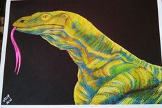 a drawing of a colorful dinosaur holding a pink object in it's mouth