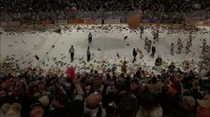 a crowd of people standing on top of a snow covered hockey field with confetti in the air