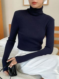 Women's Basic Solid High Neck Long Sleeve Knit Sweater, Casual Business Style For Autumn & Winter,Long Sleeve Tops Navy Blue Casual  Long Sleeve Fabric Plain Basic Tops High Stretch Fall/Winter Women Clothing, size features are:Bust: ,Length: ,Sleeve Length: Dark Blue Turtleneck Outfit, Navy Blue Turtleneck Outfits, Navy Turtleneck Outfit, High Neck Sweater Outfit, High Neck Outfit, Turtle Neck Women, Blue Top Outfit, Turtleneck Outfits, Top Azul